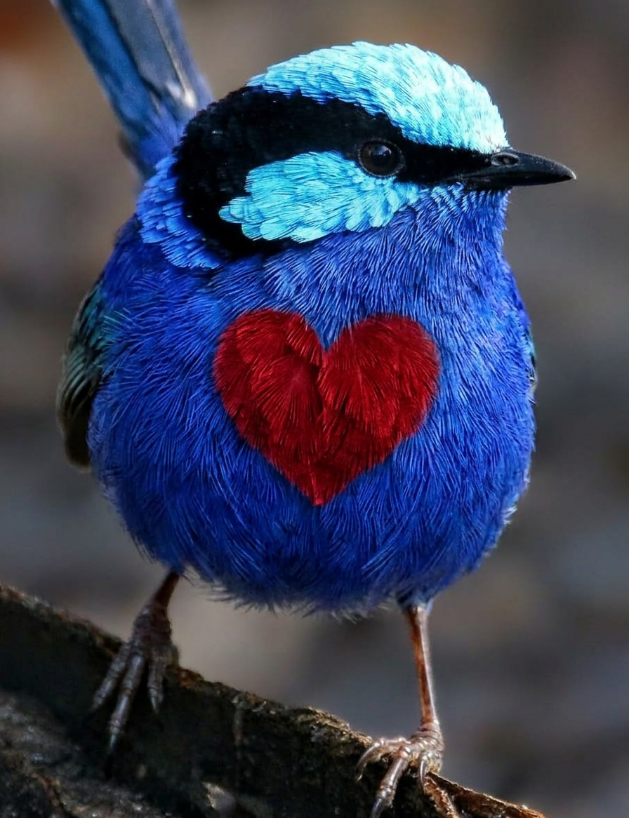 Blue bird with bright feathers and a red heart on its chest perched on a branch